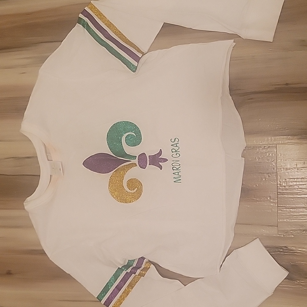 Mardi Gras Long Sleeve White Crop Top Small